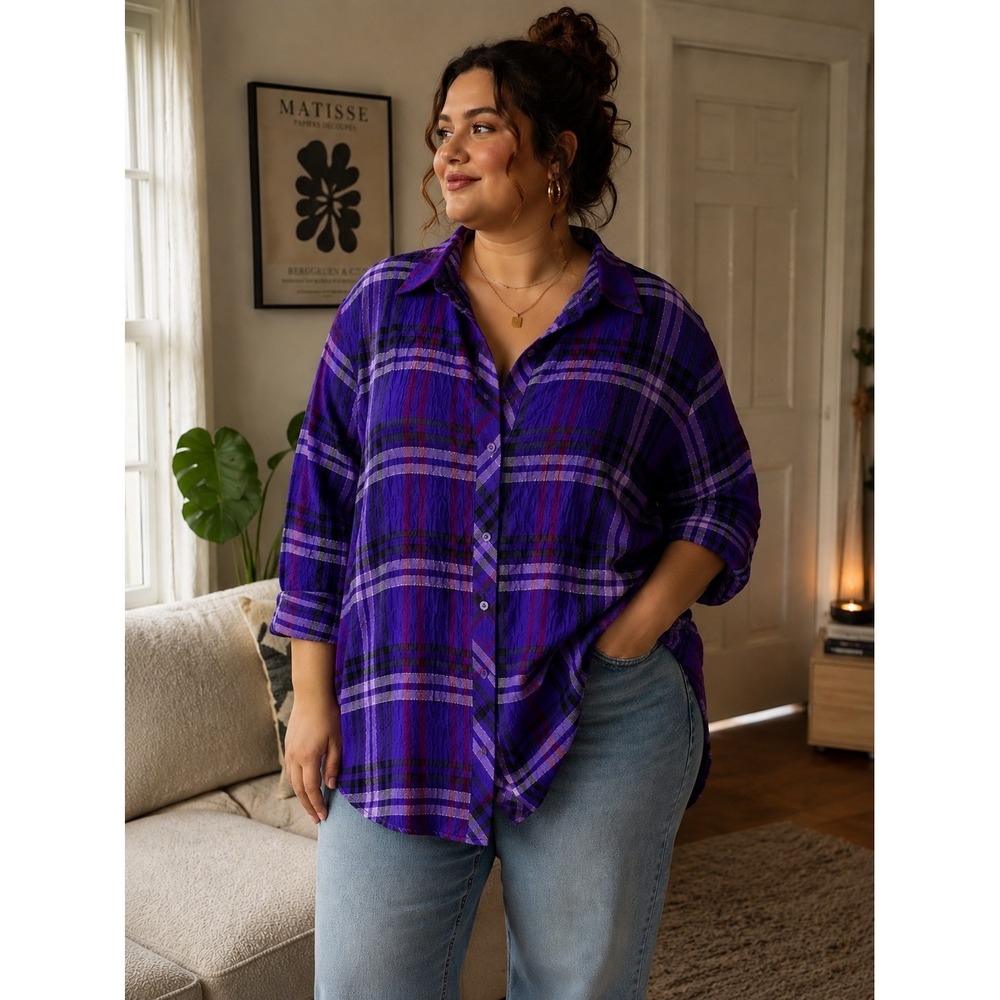 Catherines 2XWP Petite Button Front Shirt Plaid Purple Metallic Brushed Cotton